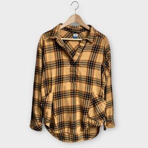 KAVU Women’s Shirt Popover Top Brown Flannel Small Plaid 1/4 Button Long Sleeve